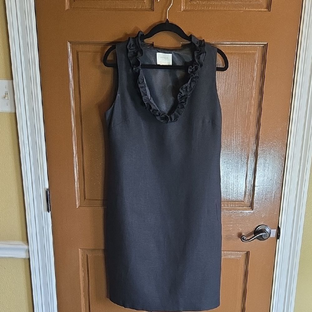 Kate Spade-Linen Black sleeveless sheath dress with ruffled neckline Sz L